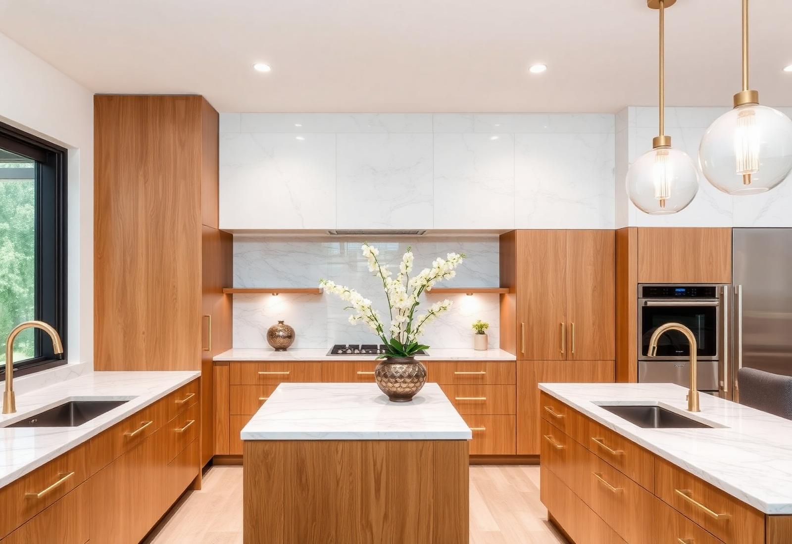 Luxury kitchen renovation with marble countertops, island seating and warm pendant lighting